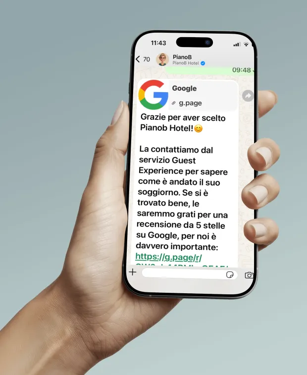 WhatsApp conversation: after the stay Hotea thanks the guest and asks for a 5-star Google review, with a direct link to the property's Google listing